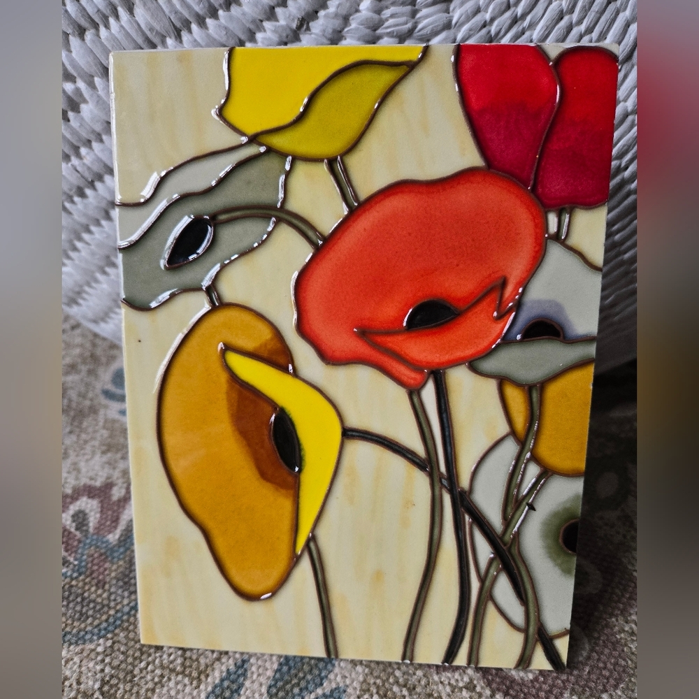 VTG Ceramic Tile Floral Wall Art Tabletop Poppies  Decorative Handmade 8x6